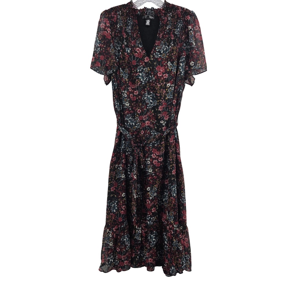 Aqua Maxi Dress Large Black Floral‎ Metallic Smocked Whimsygoth Dark Romanti